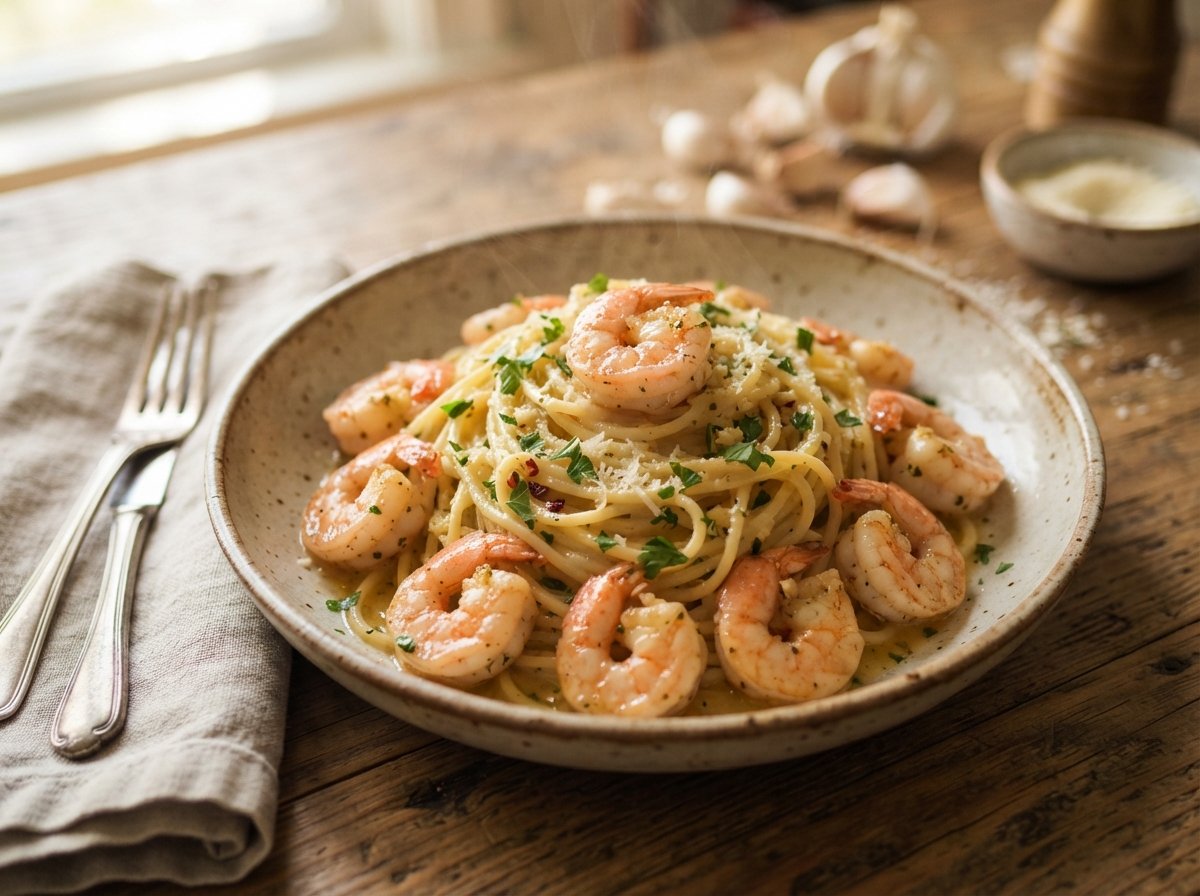 garlic butter shrimp pasta with parsley