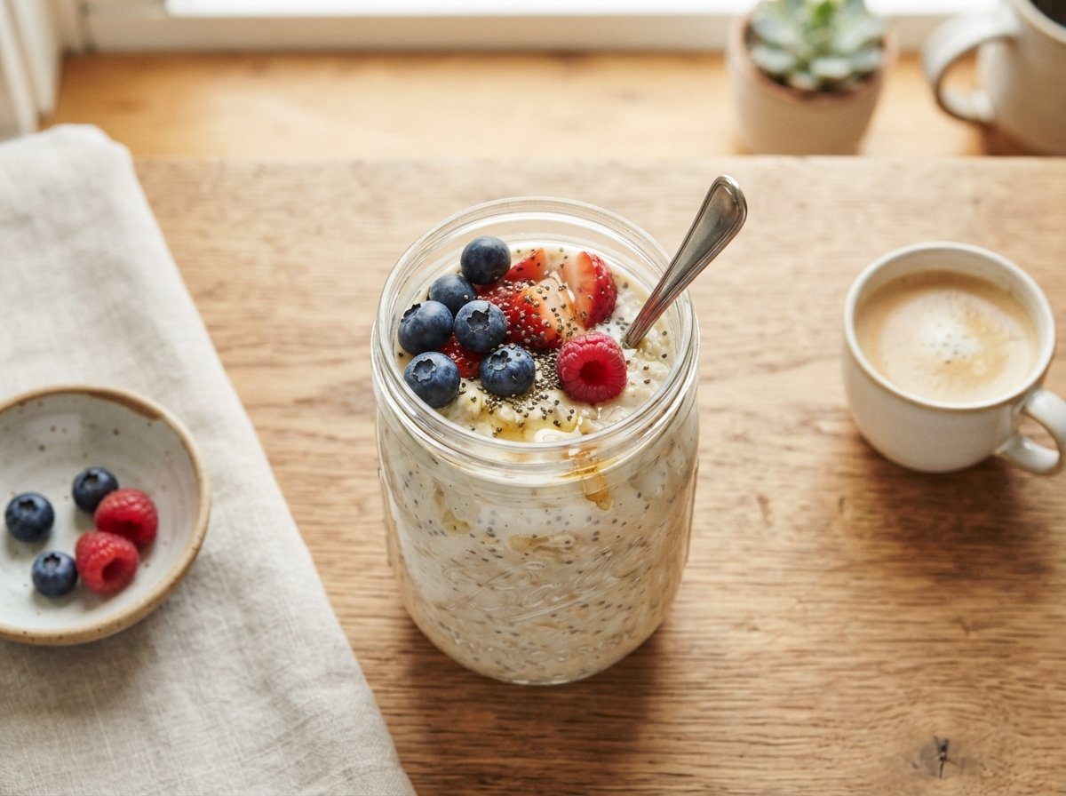 overnight oats recipe with vanilla protein powder and chia seeds
