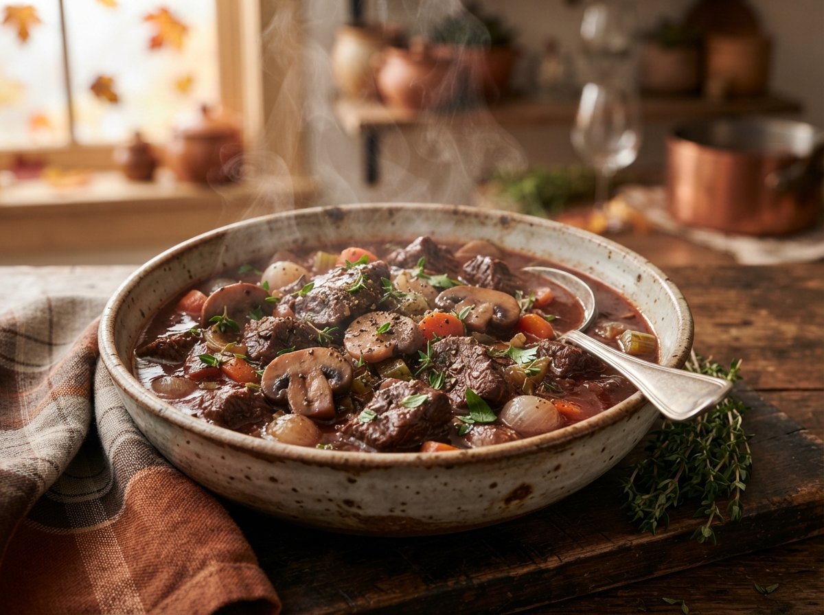 slow cooker beef stew recipe with red wine and mushrooms