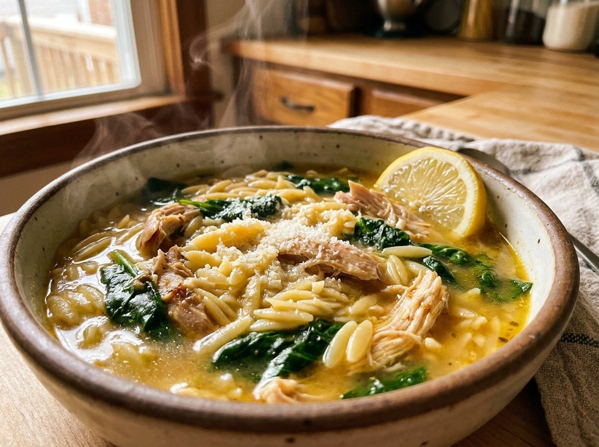 one pot lemon chicken orzo soup recipe with spinach and parmesan